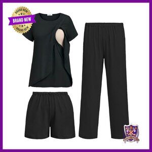 Maternity Nursing Pajamas Set 3-Piece Breastfeeding Sleepwear S-XXL